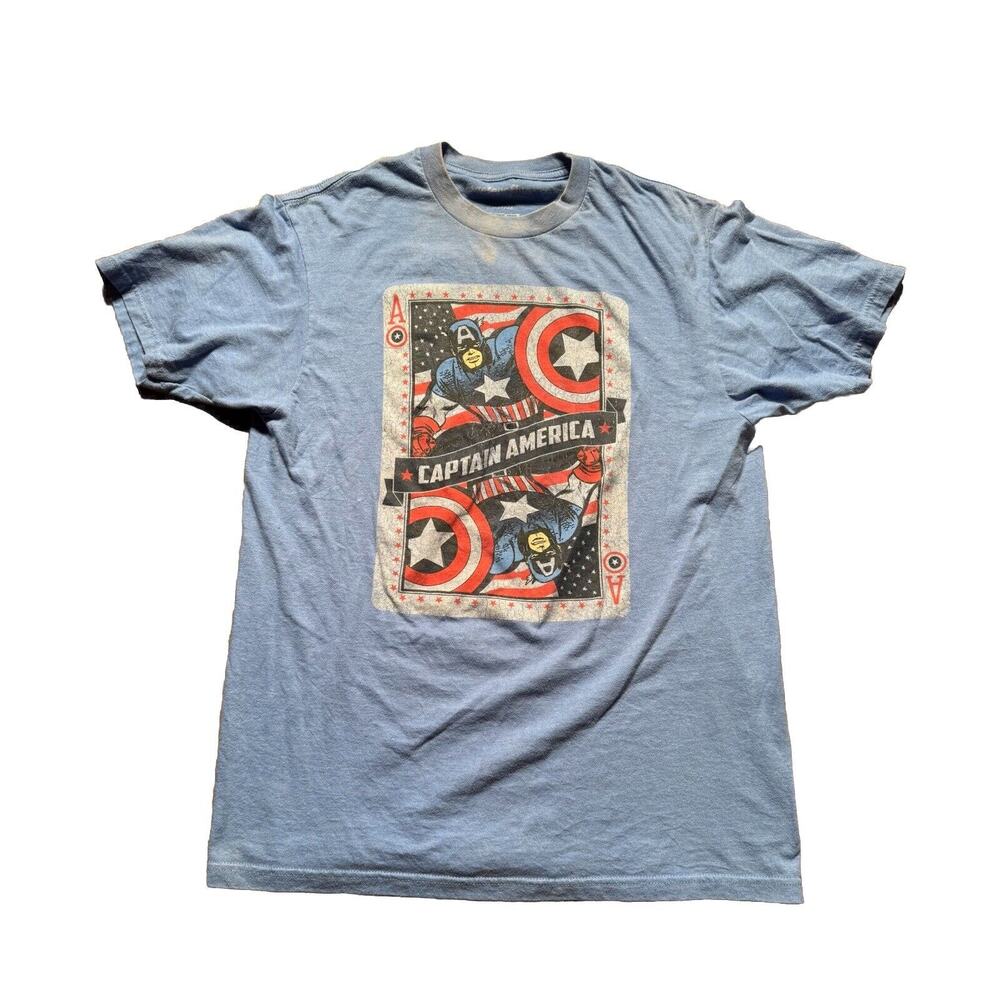 Marvel Captain America Men’s T-Shirt M Ace Playing Card Graphic Blue Avengers.
